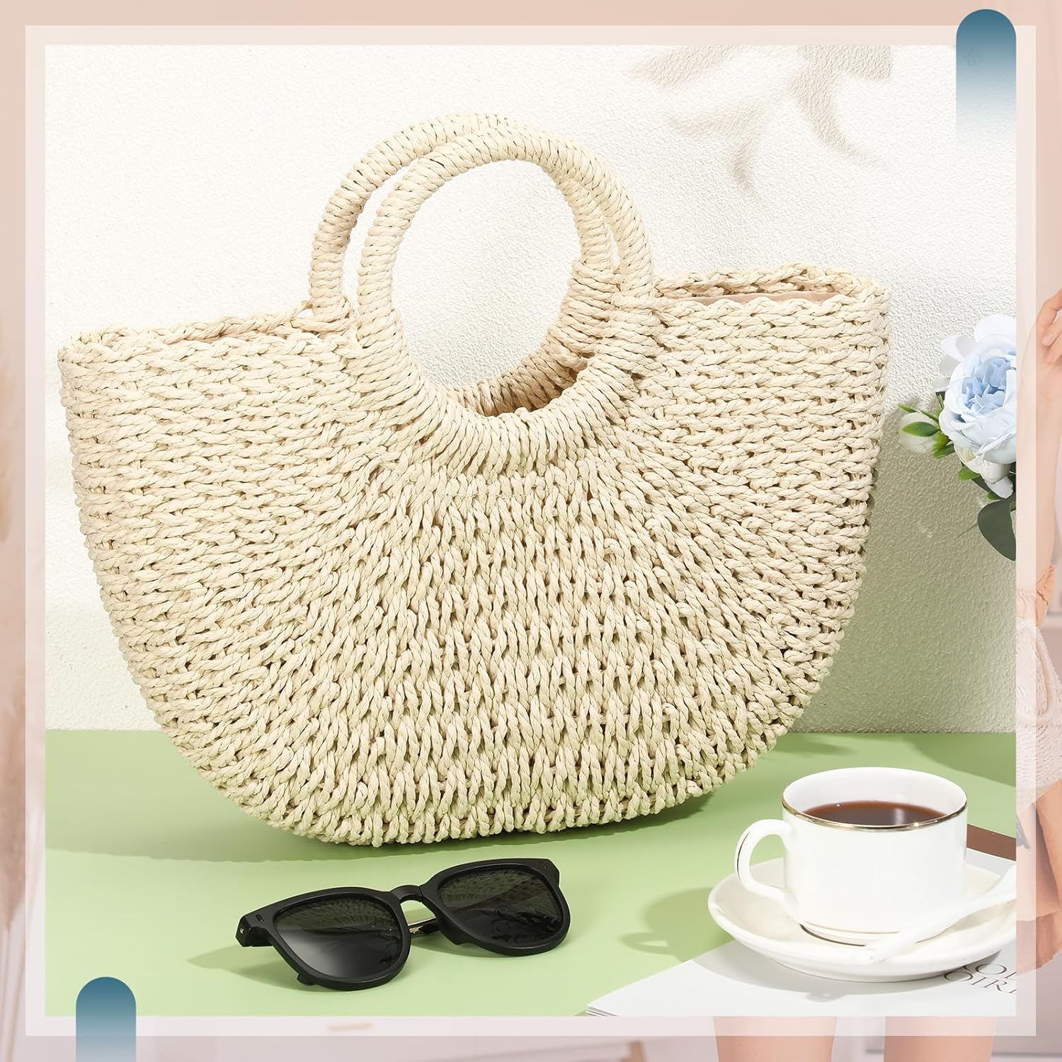Frienda Straw Tote Bag Summer Beach Bag Handmade Straw Rattan Woven Handbag for Women Travel - Image 7