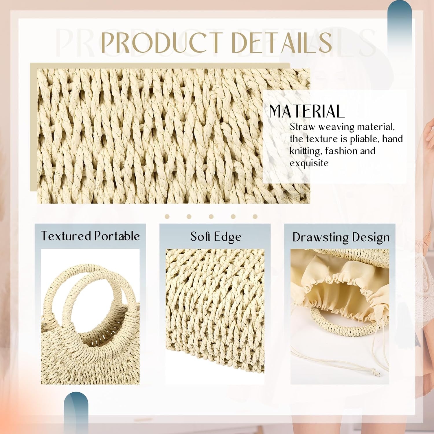 Frienda Straw Tote Bag Summer Beach Bag Handmade Straw Rattan Woven Handbag for Women Travel - Image 3