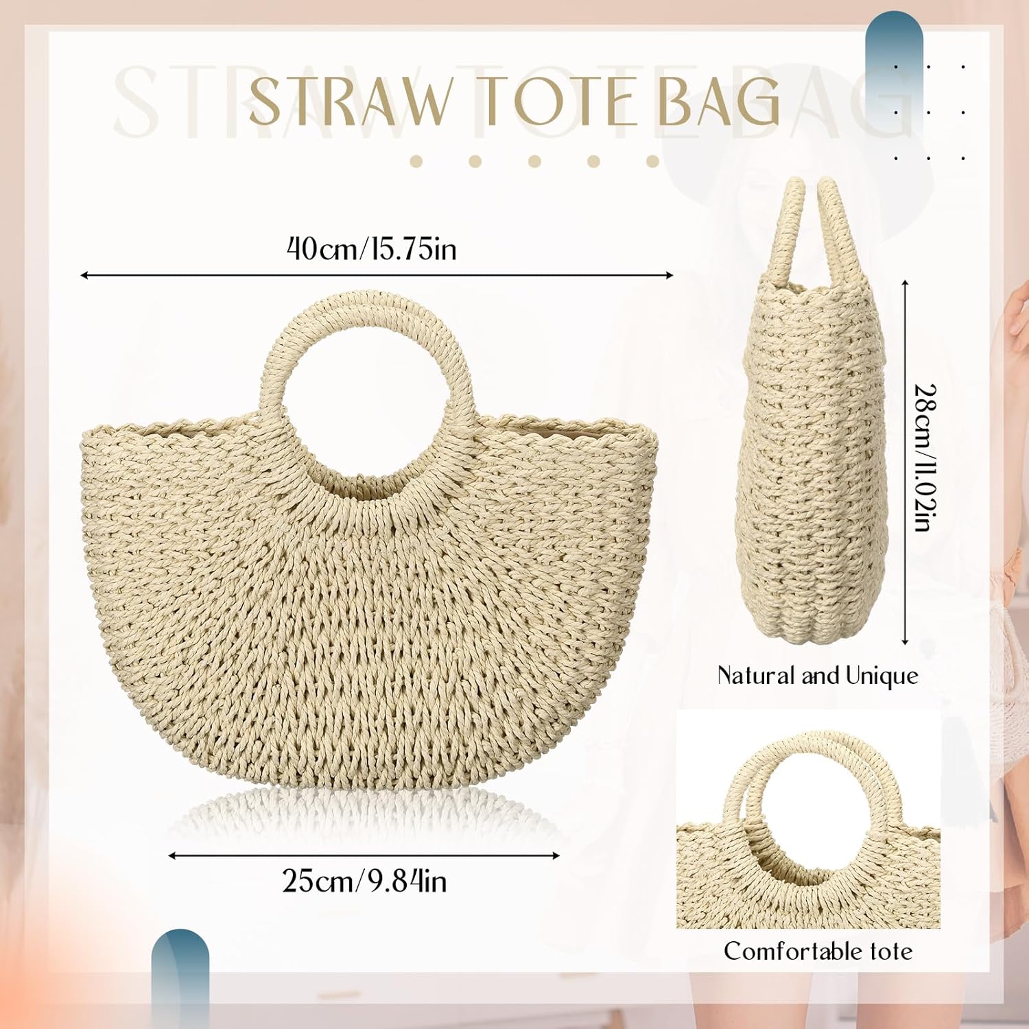 Frienda Straw Tote Bag Summer Beach Bag Handmade Straw Rattan Woven Handbag for Women Travel - Image 2