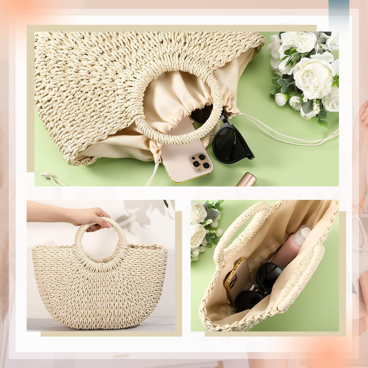 Frienda Straw Tote Bag Summer Beach Bag Handmade Straw Rattan Woven Handbag for Women Travel - Image 4