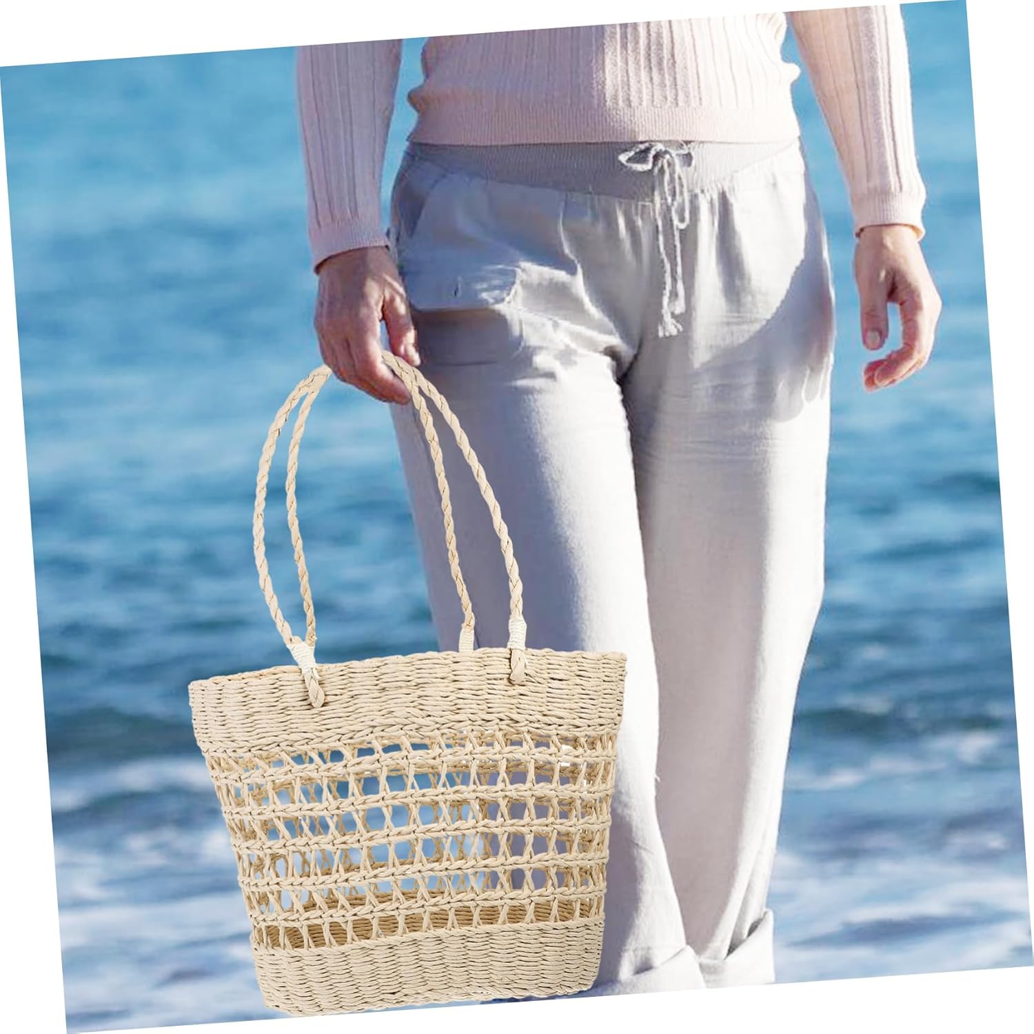 Garneck Woven Beach Tote Bag for Women Hollow Design Aesthetic Straw Handbag Portable and Lightweight Summer Tote for Travel Vacation and Daily Use - Image 2