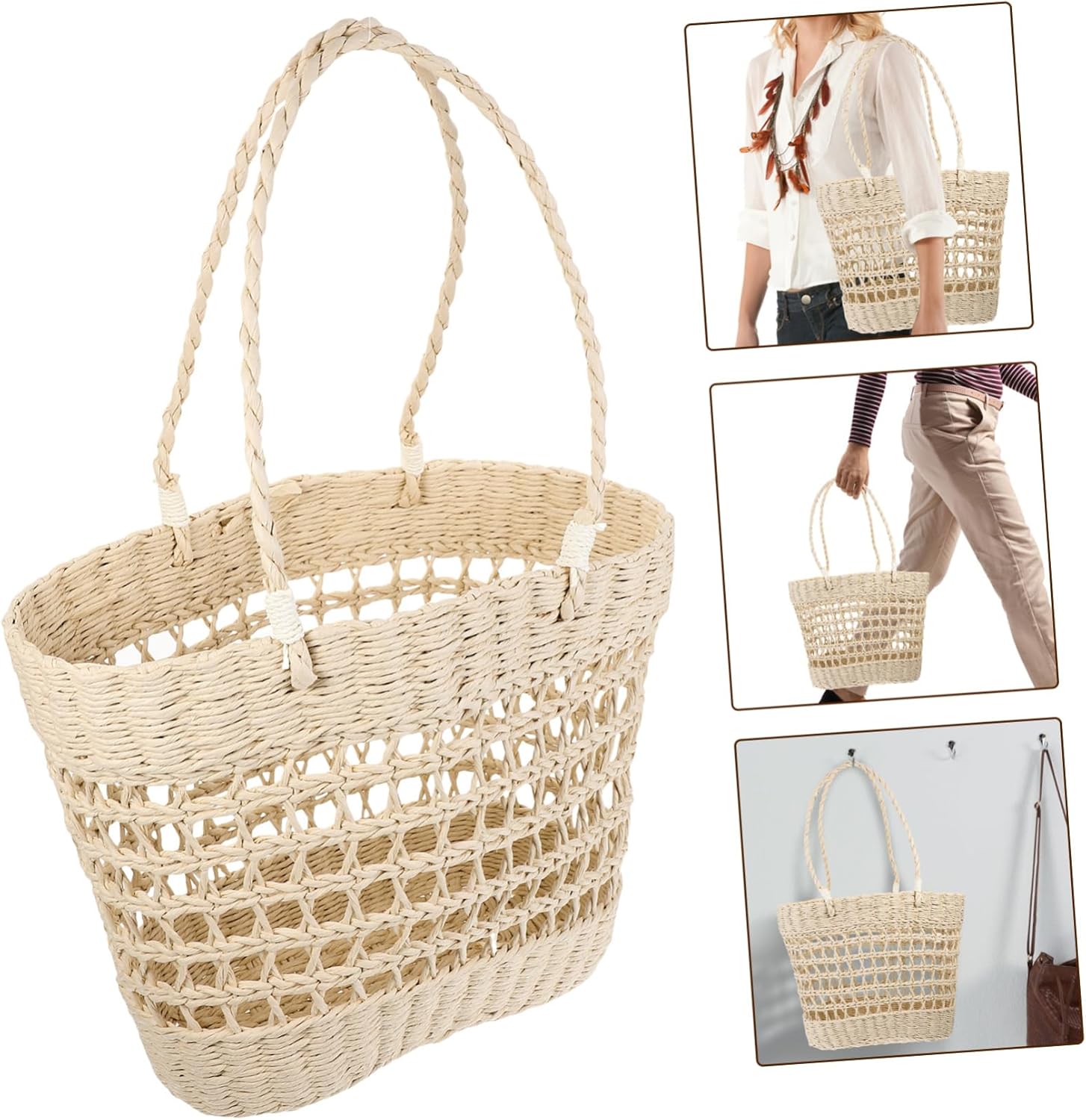 Garneck Woven Beach Tote Bag for Women Hollow Design Aesthetic Straw Handbag Portable and Lightweight Summer Tote for Travel Vacation and Daily Use - Image 5