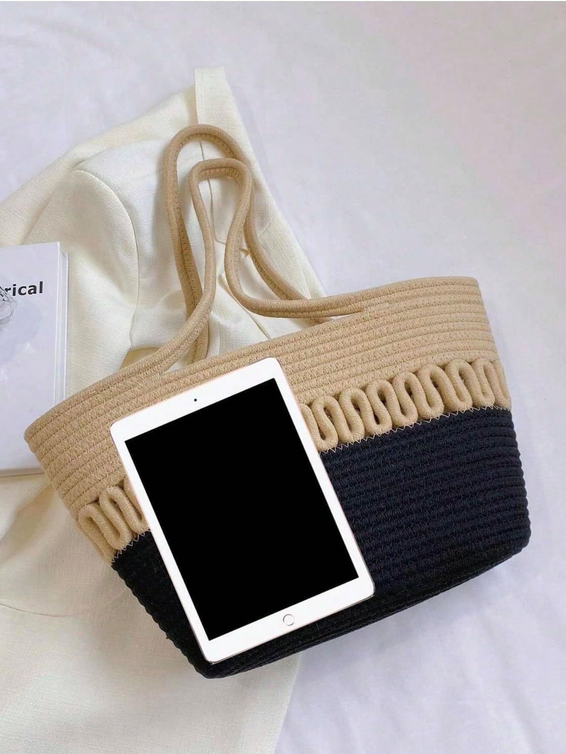 Generic Summer Tote Bag, Large Capacity, Braided Rope Handle, for Women's Daily Use, Vacation, Leisure, summer, Beige/Black - Image 3