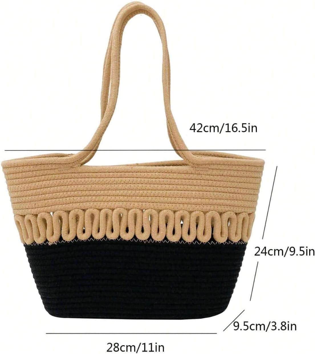 Generic Summer Tote Bag, Large Capacity, Braided Rope Handle, for Women's Daily Use, Vacation, Leisure, summer, Beige/Black - Image 5