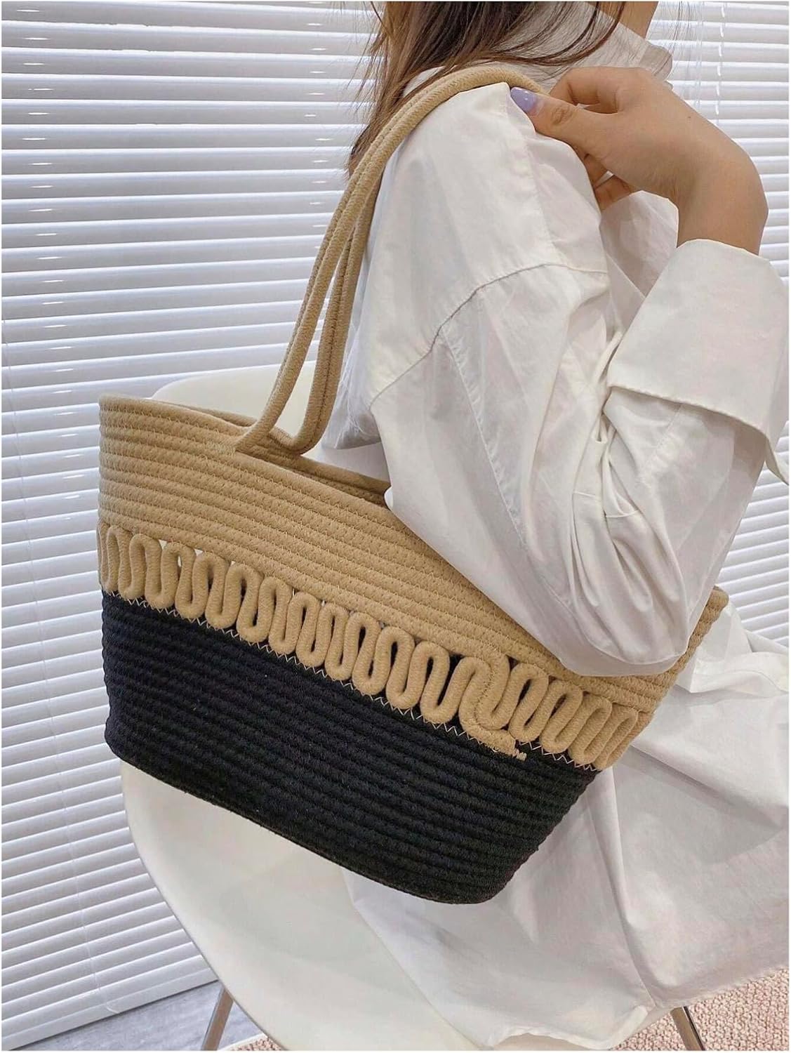 Generic Summer Tote Bag, Large Capacity, Braided Rope Handle, for Women's Daily Use, Vacation, Leisure, summer, Beige/Black - Image 2