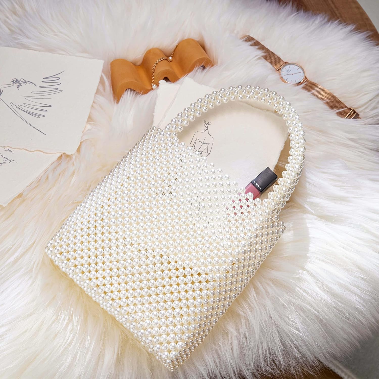 Grandxii Pearl Clutch Purse White Summer Handbag Tote Bag Evening Party Bag With Pearls For Women - Image 5