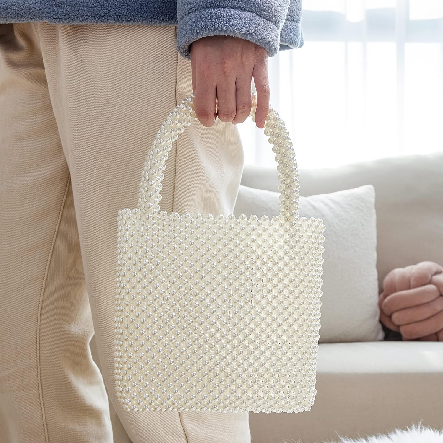 Grandxii Pearl Clutch Purse White Summer Handbag Tote Bag Evening Party Bag With Pearls For Women - Image 3