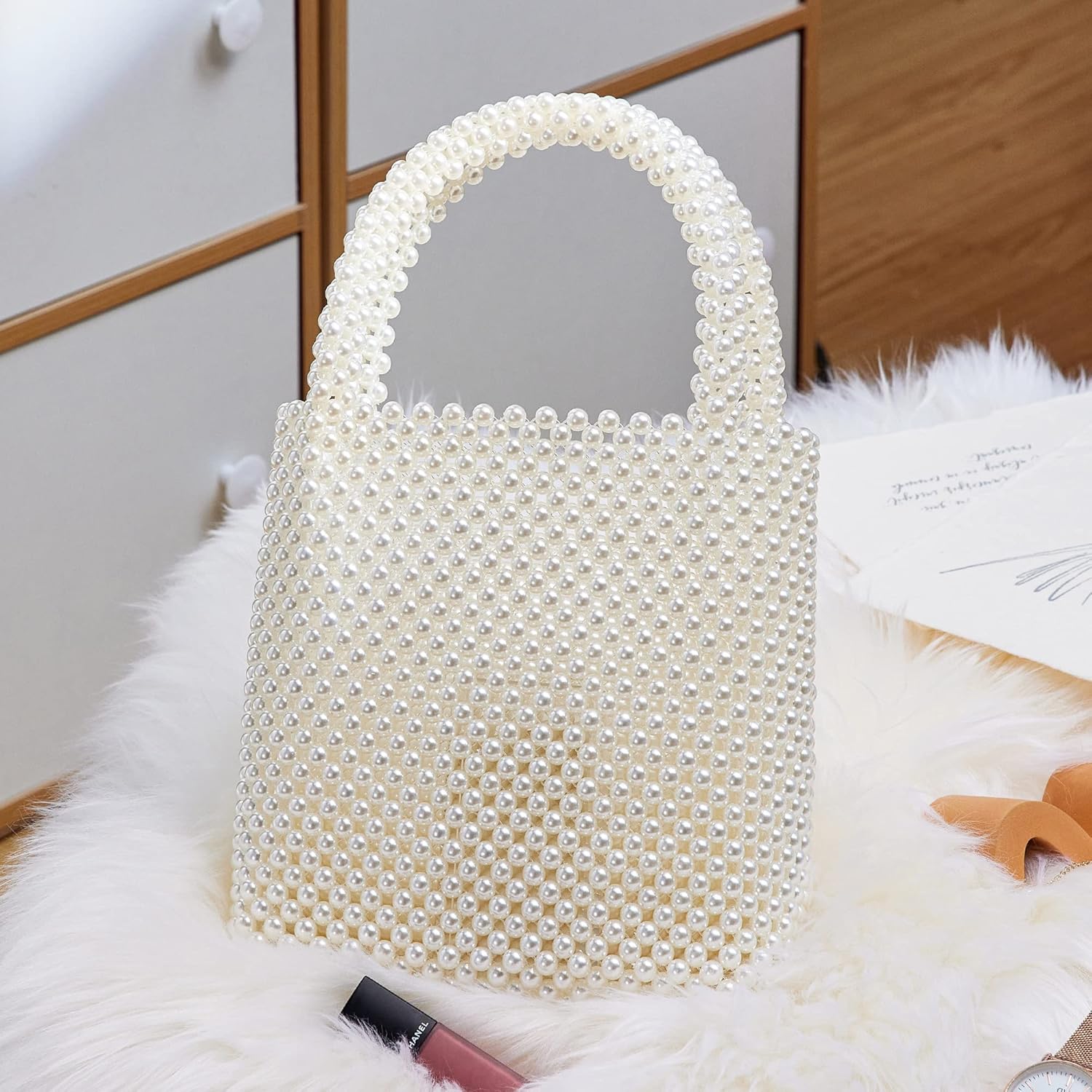 Grandxii Pearl Clutch Purse White Summer Handbag Tote Bag Evening Party Bag With Pearls For Women - Image 4