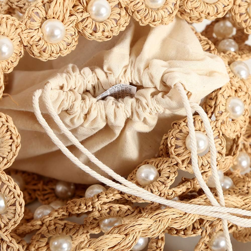Hand-woven Hollow Out Soft Straw Shoulder Bag with Pearl Flower, Boho Straw Handle Tote Summer Beach Bag Handbag - Image 4