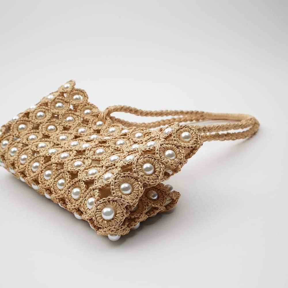 Hand-woven Hollow Out Soft Straw Shoulder Bag with Pearl Flower, Boho Straw Handle Tote Summer Beach Bag Handbag - Image 5