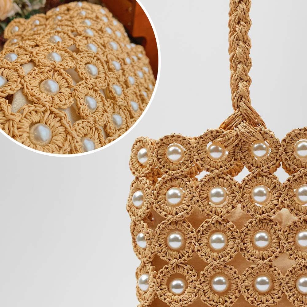 Hand-woven Hollow Out Soft Straw Shoulder Bag with Pearl Flower, Boho Straw Handle Tote Summer Beach Bag Handbag - Image 2
