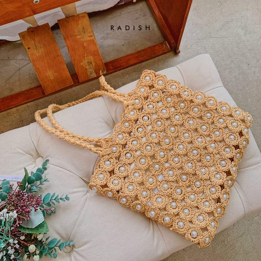 Hand-woven Hollow Out Soft Straw Shoulder Bag with Pearl Flower, Boho Straw Handle Tote Summer Beach Bag Handbag - Image 6