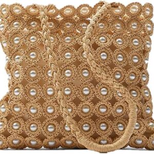 Hand-woven Hollow Out Soft Straw Shoulder Bag with Pearl Flower, Boho Straw Handle Tote Summer Beach Bag Handbag