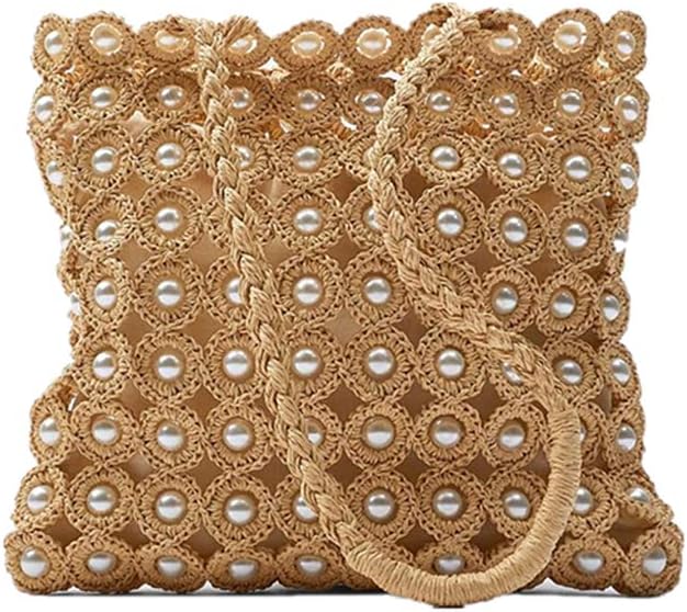 Hand-woven Hollow Out Soft Straw Shoulder Bag with Pearl Flower, Boho Straw Handle Tote Summer Beach Bag Handbag