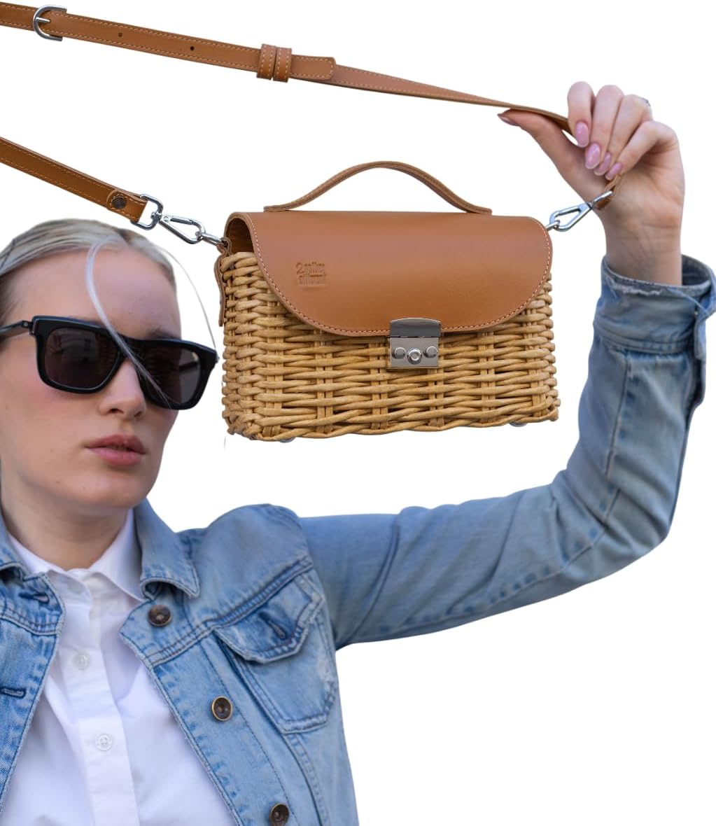 Handmade Luxury Bag, Straw Leather Purse, Fashion Crossbody Tote, Wicker bucket, Summer beach - Image 5