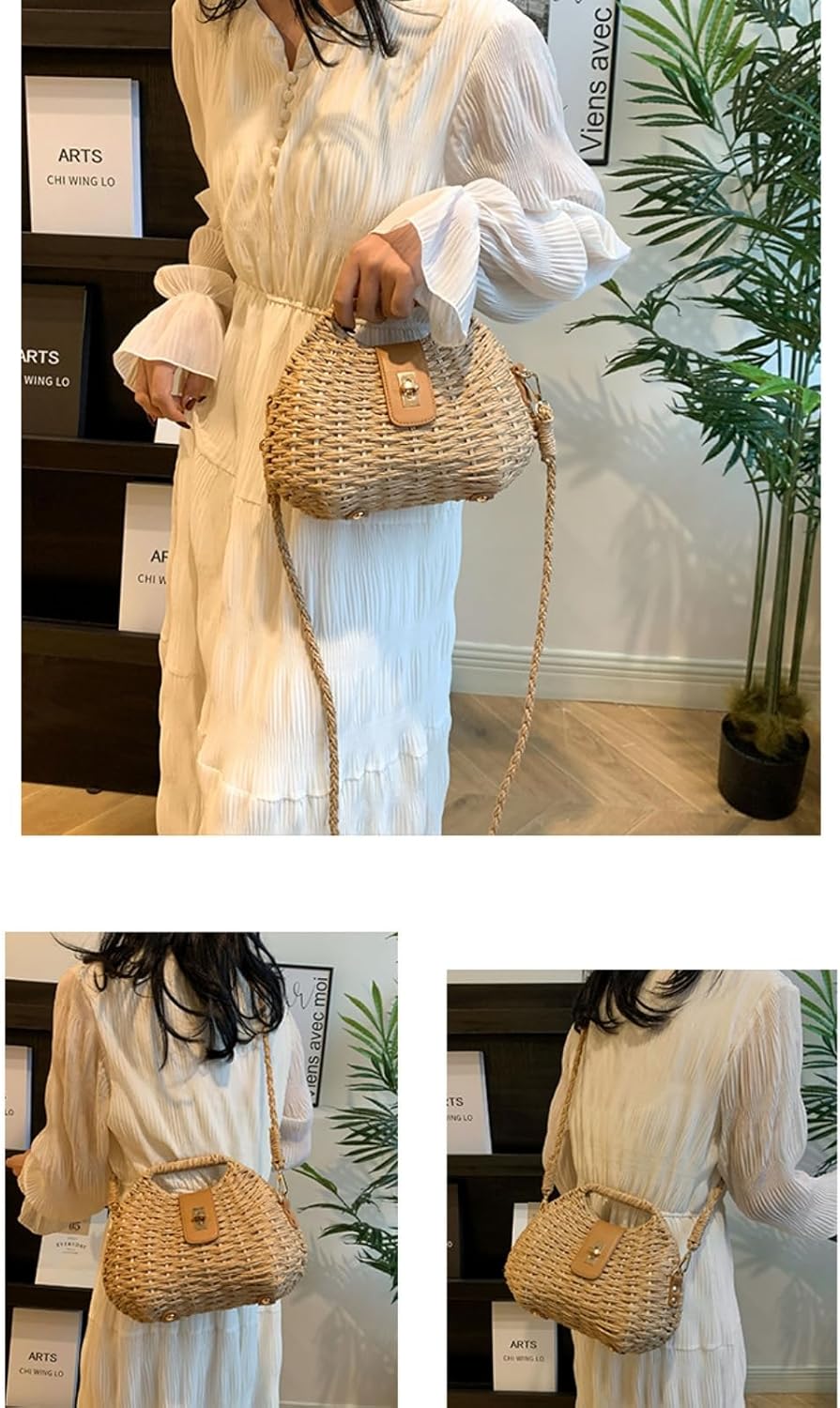 Handmade Straw Woven Bag Beach Clutch Purses Women Vacation Shell Shoulder Crossbody Summer Dumpling Handbag Basket Tote - Image 4