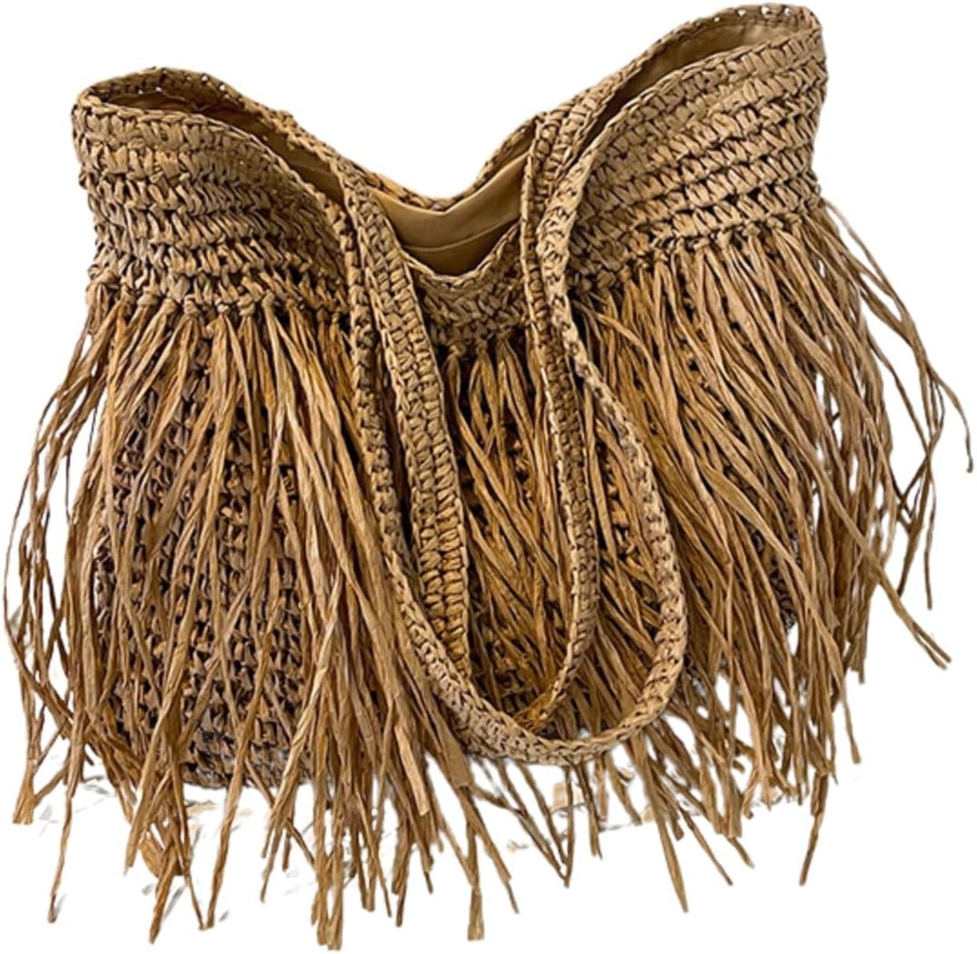 Handwoven Fringe Straw Beach Tote Bag for Women, 17.32 x 15.75 x 0.39 inches, Lightweight Woven Beach Bag for Women - Image 4