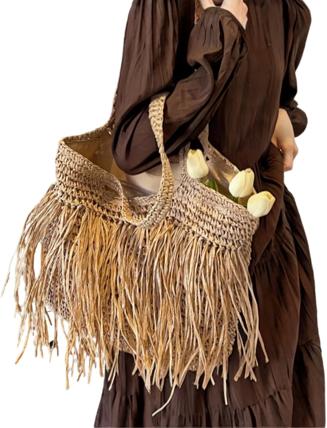 Handwoven Fringe Straw Beach Tote Bag for Women, 17.32 x 15.75 x 0.39 inches, Lightweight Woven Beach Bag for Women - Image 2