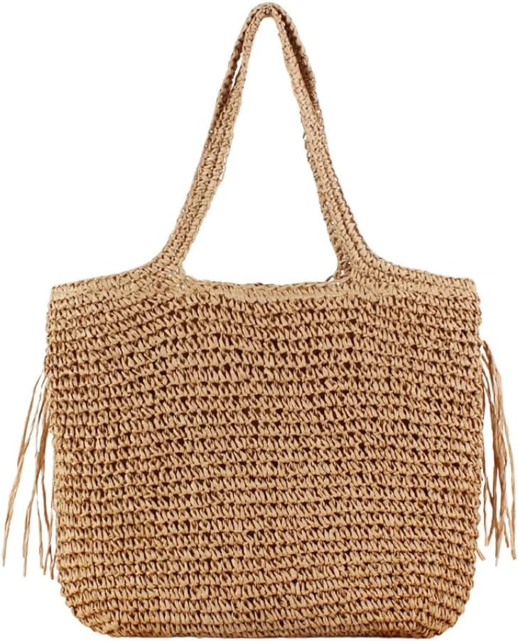 Handwoven Fringe Straw Beach Tote Bag for Women, 17.32 x 15.75 x 0.39 inches, Lightweight Woven Beach Bag for Women - Image 5