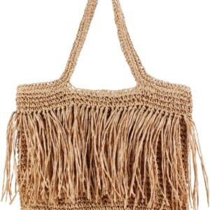 Handwoven Fringe Straw Beach Tote Bag for Women, 17.32 x 15.75 x 0.39 inches, Lightweight Woven Beach Bag for Women