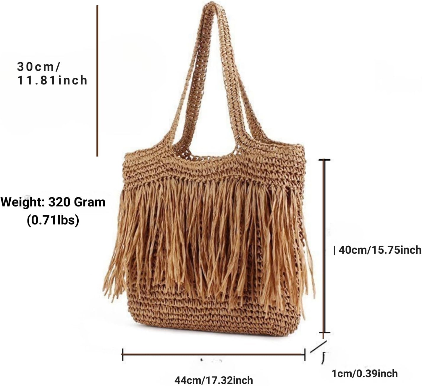 Handwoven Fringe Straw Beach Tote Bag for Women, 17.32 x 15.75 x 0.39 inches, Lightweight Woven Beach Bag for Women - Image 3