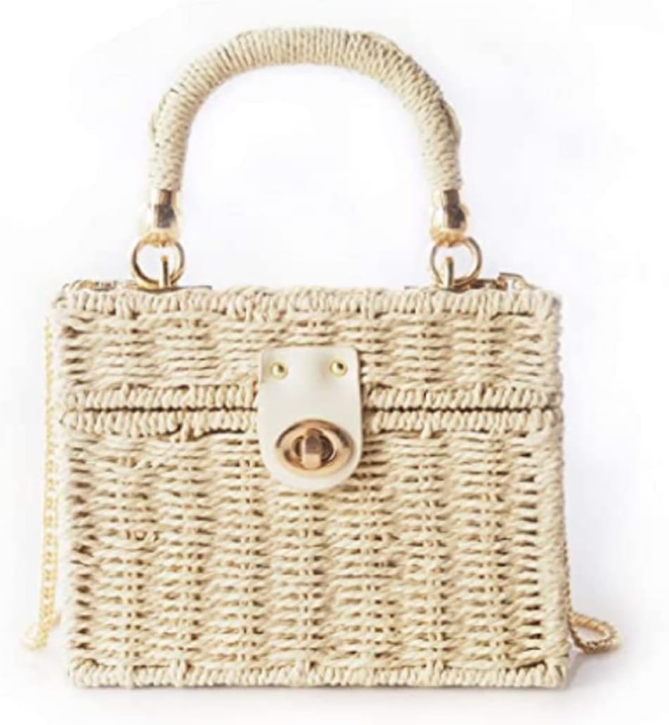 Handwoven Rattan vintage purse Bag Natural Chic Casual Handbag Beach Sea tote Basket Straw vacation Bag (Beige)
