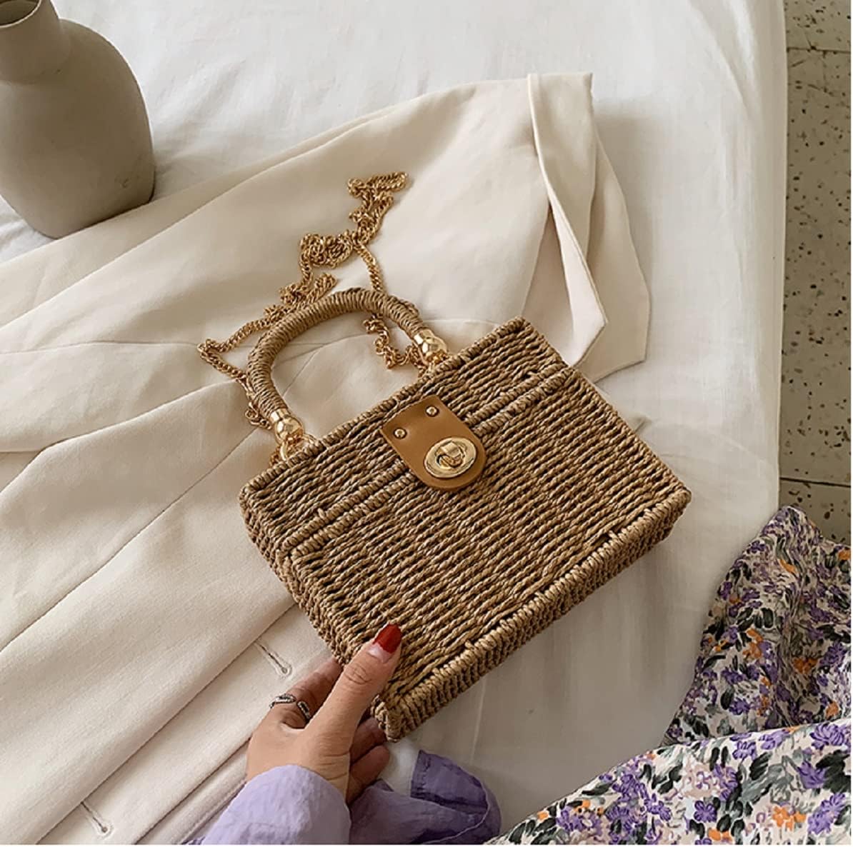 Handwoven Rattan vintage purse Bag Natural Chic Casual Handbag Beach Sea tote Basket Straw vacation Bag (Brown) - Image 3