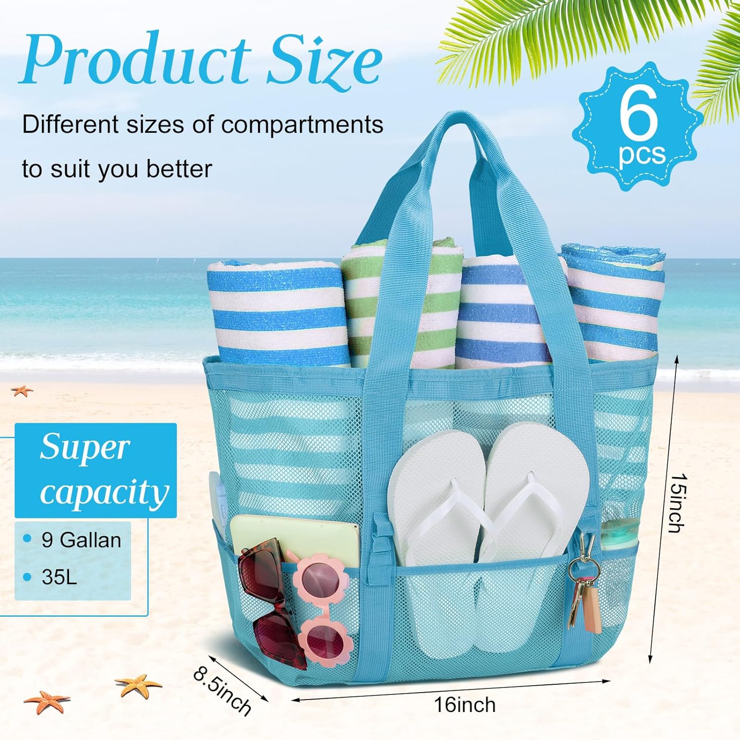 Hillban Large Mesh Beach Bag Tote Waterproof Lightweight Summer for Pool Travel Market Outdoor Camping(Sky Blue,6 Pcs) - Image 2