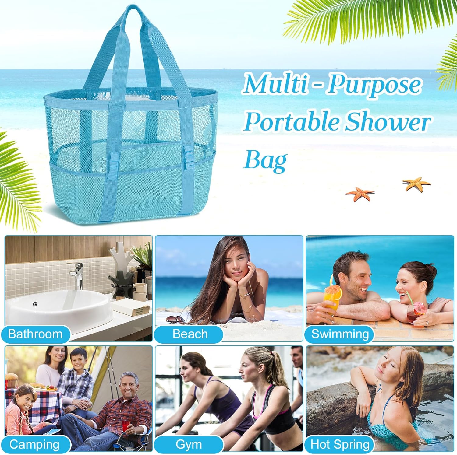 Hillban Large Mesh Beach Bag Tote Waterproof Lightweight Summer for Pool Travel Market Outdoor Camping(Sky Blue,6 Pcs) - Image 6