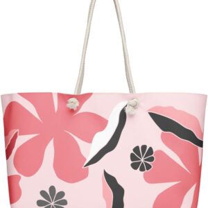 Large Beach Tote Bag for Women – Pink Floral Print | Summer Vacation Bag with Rope Handles | Lightweight Canvas Shoulder Bag | Pool, Travel, Beach Essentials