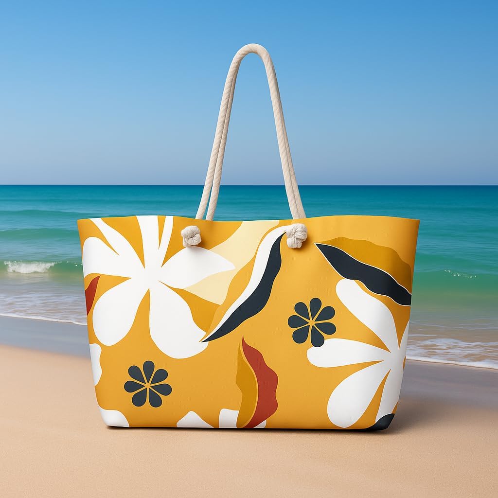 Large Beach Tote Bag for Women – Yellow Floral Print | Summer Vacation Bag with Rope Handles | Lightweight Canvas Shoulder Bag | Pool, Travel, Beach Essentials - Image 2
