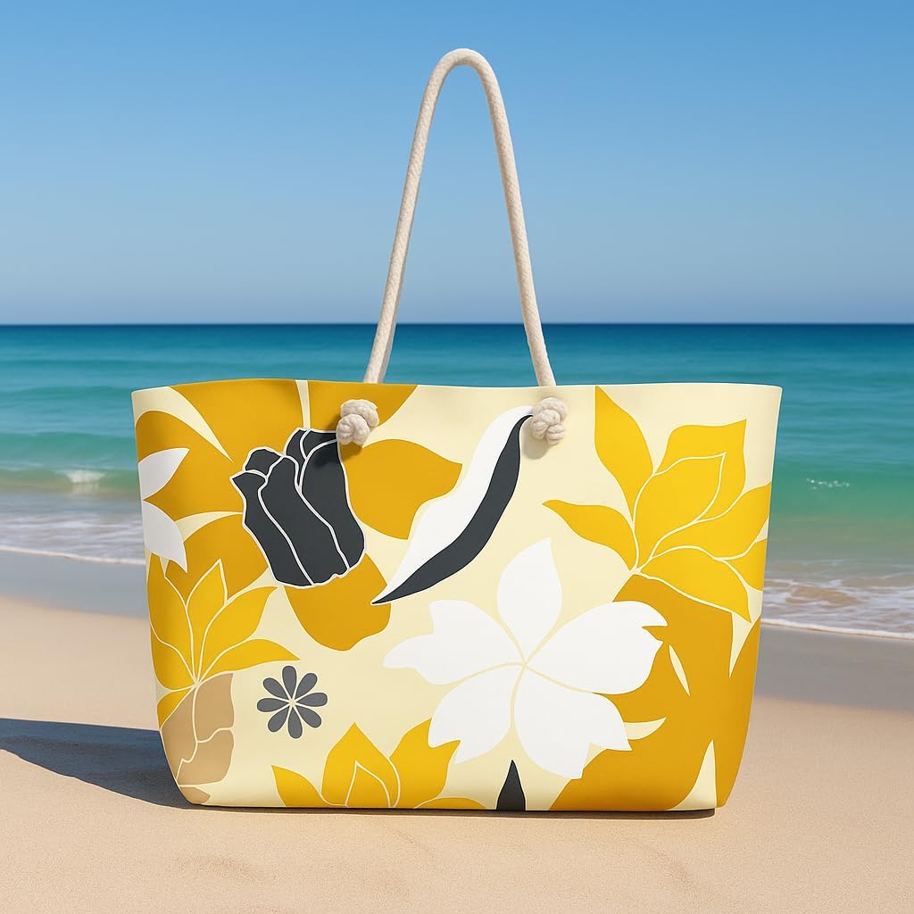 Large Beach Tote Bag for Women – Yellow Floral Print | Summer Vacation Bag with Rope Handles | Lightweight Canvas Shoulder Bag | Pool, Travel, Beach Essentials - Image 2