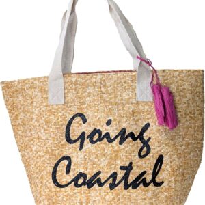 Large Insulated Beach Tote Bag with Metallic Text Phrases & Tassels - Fun Summer Cooler Bag, Natural/Black - Going Coastal Style
