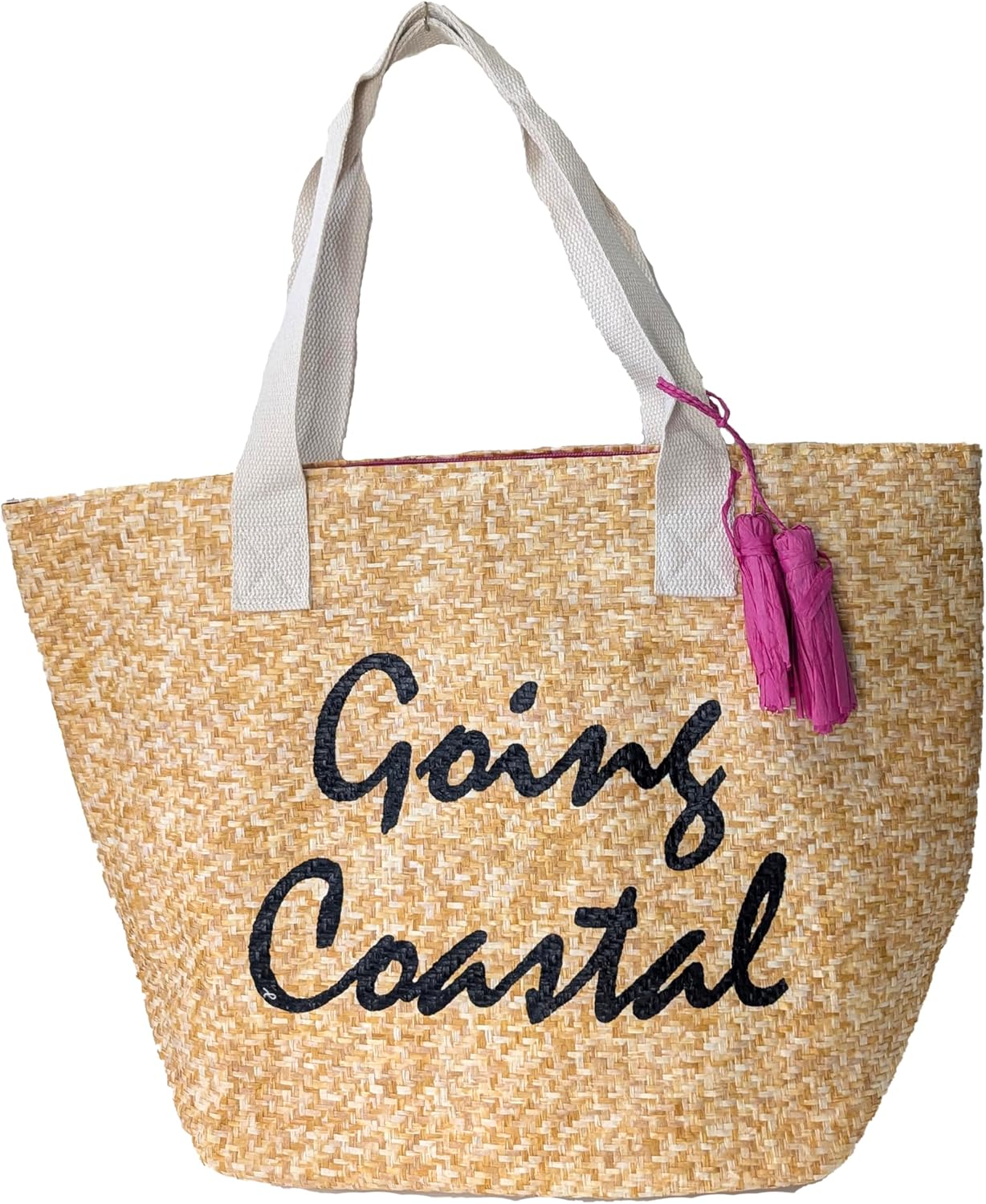 Large Insulated Beach Tote Bag with Metallic Text Phrases & Tassels - Fun Summer Cooler Bag, Natural/Black - Going Coastal Style