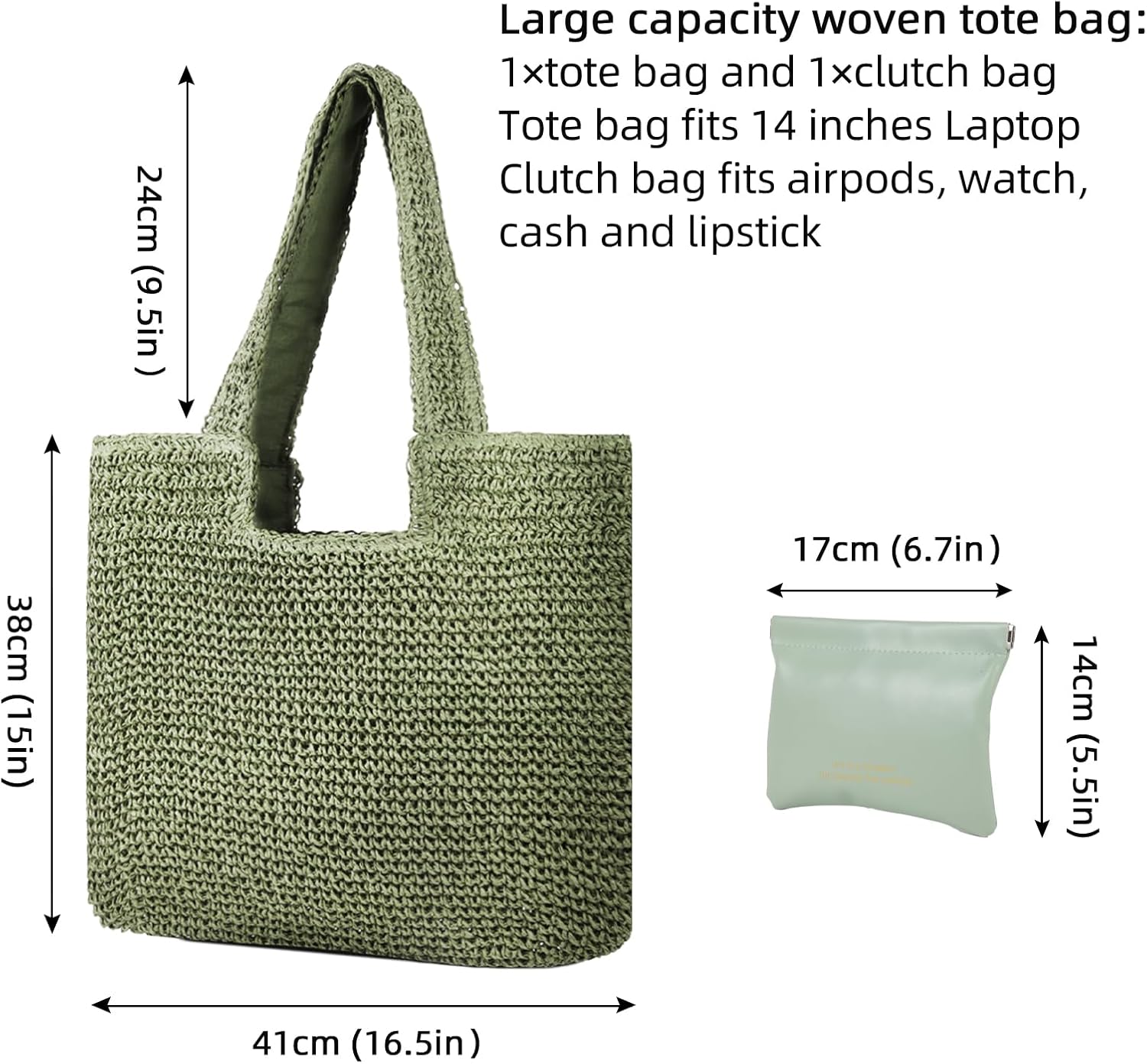 Large Straw Beach Bag for Women with Coin Purse, Woven Tote Bag Summer bag Travel Shoulder Handbag(Green) - Image 3
