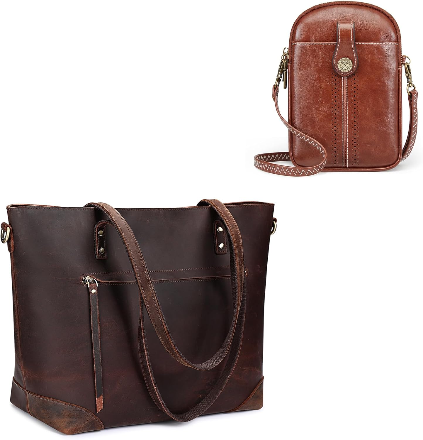 Leather Tote Bag for Women with Small Crossbody Bag