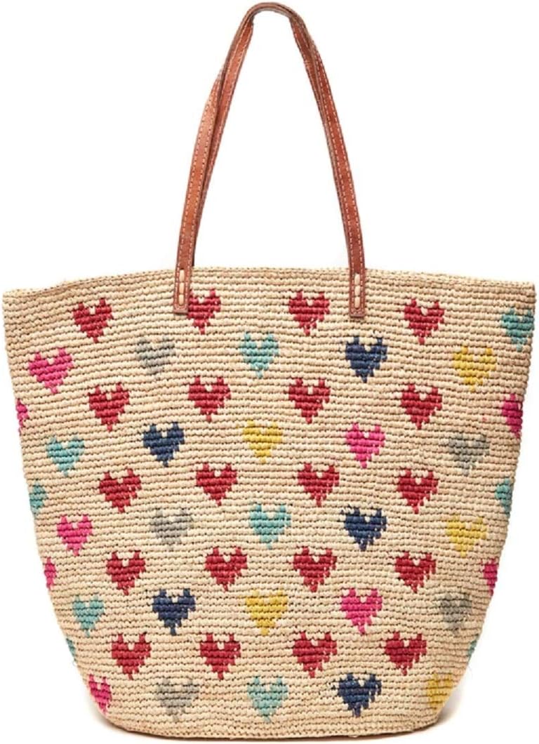 MAR Y SOL Amelie Hearts Crocheted Raffia Straw Carryall Tote Bag