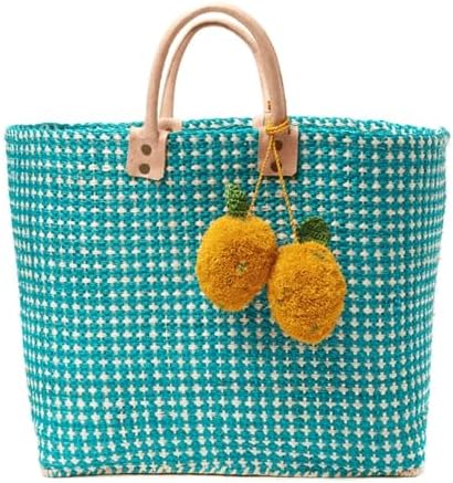 MAR Y SOL Hadley Tote Handwoven Raffia Bag with Leather Handles & Pom Pom Fruit Charm, Full Size or Mini in Multiple Colors