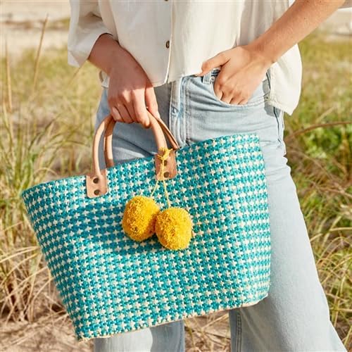 MAR Y SOL Hadley Tote Handwoven Raffia Bag with Leather Handles & Pom Pom Fruit Charm, Full Size or Mini in Multiple Colors - Image 2
