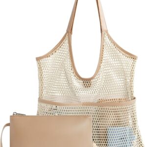 Missnie Women Mesh Beach Bag - Sandproof Foldable Summer Tote Leather Hobo Purse with Pouch for Vacation, Travel Essentials