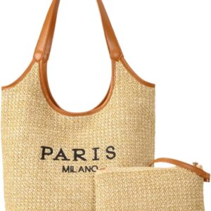 OWGSEE Straw Tote Bags for Women, Summer Straw Purses and Handbags Shoulder Woven Raffia Beach Bag with Coin Purse