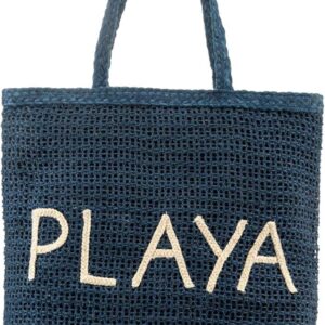 Playa Embroidered Jute Large Beach Tote Bag – Navy Blue Woven Summer Carryall for Women