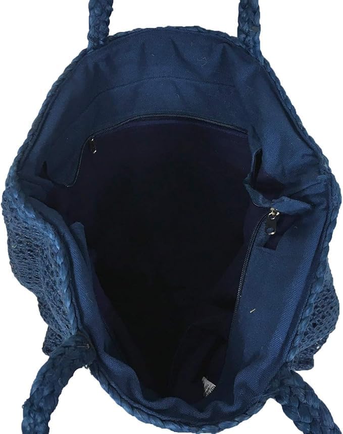 Playa Embroidered Jute Large Beach Tote Bag – Navy Blue Woven Summer Carryall for Women - Image 4
