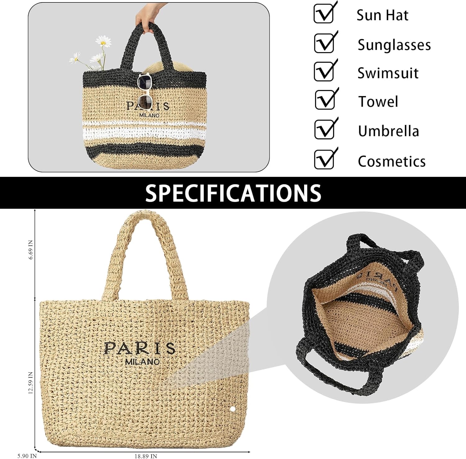 POAPRRD Large Straw Tote Bag Summer Straw Purse for Women Vacation Raffia Woven Beach Bags Handbag - Image 4