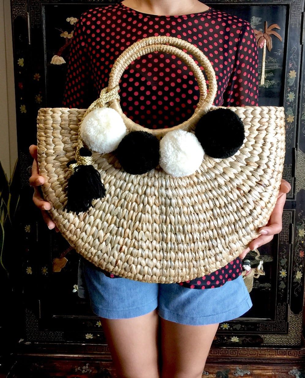 Pom Pom Straw Bag, Pom Pom Straw Bags for Women, Straw Basket Bag,Straw Basket Tote Bag,Beach Basket Bag,Pom Pom Straw Beach Bag,Basket Bag,Straw Bag,Straw Tote Beach Bag,Summer Straw Bag,Straw Tote - Image 6