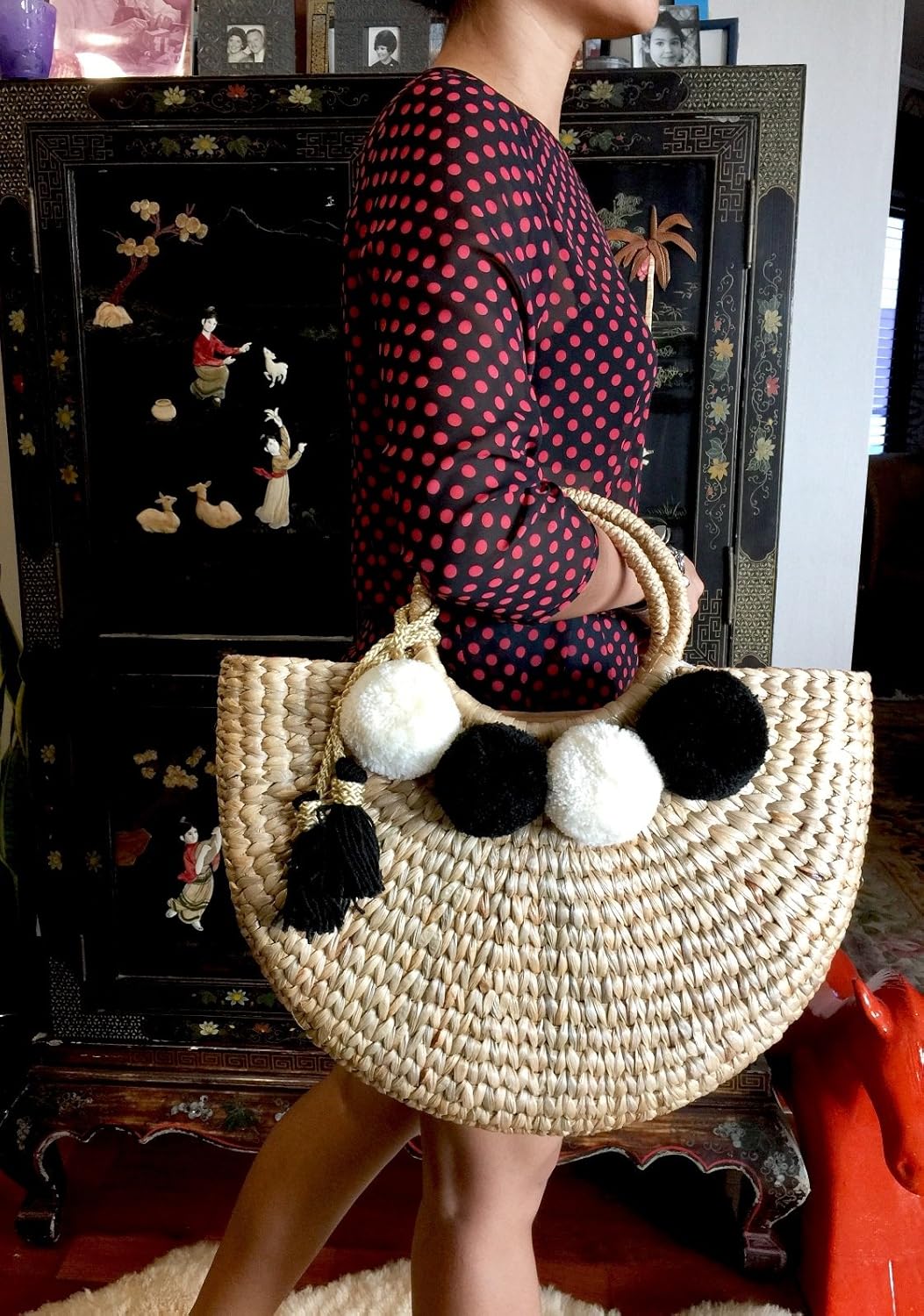 Pom Pom Straw Bag, Pom Pom Straw Bags for Women, Straw Basket Bag,Straw Basket Tote Bag,Beach Basket Bag,Pom Pom Straw Beach Bag,Basket Bag,Straw Bag,Straw Tote Beach Bag,Summer Straw Bag,Straw Tote - Image 5