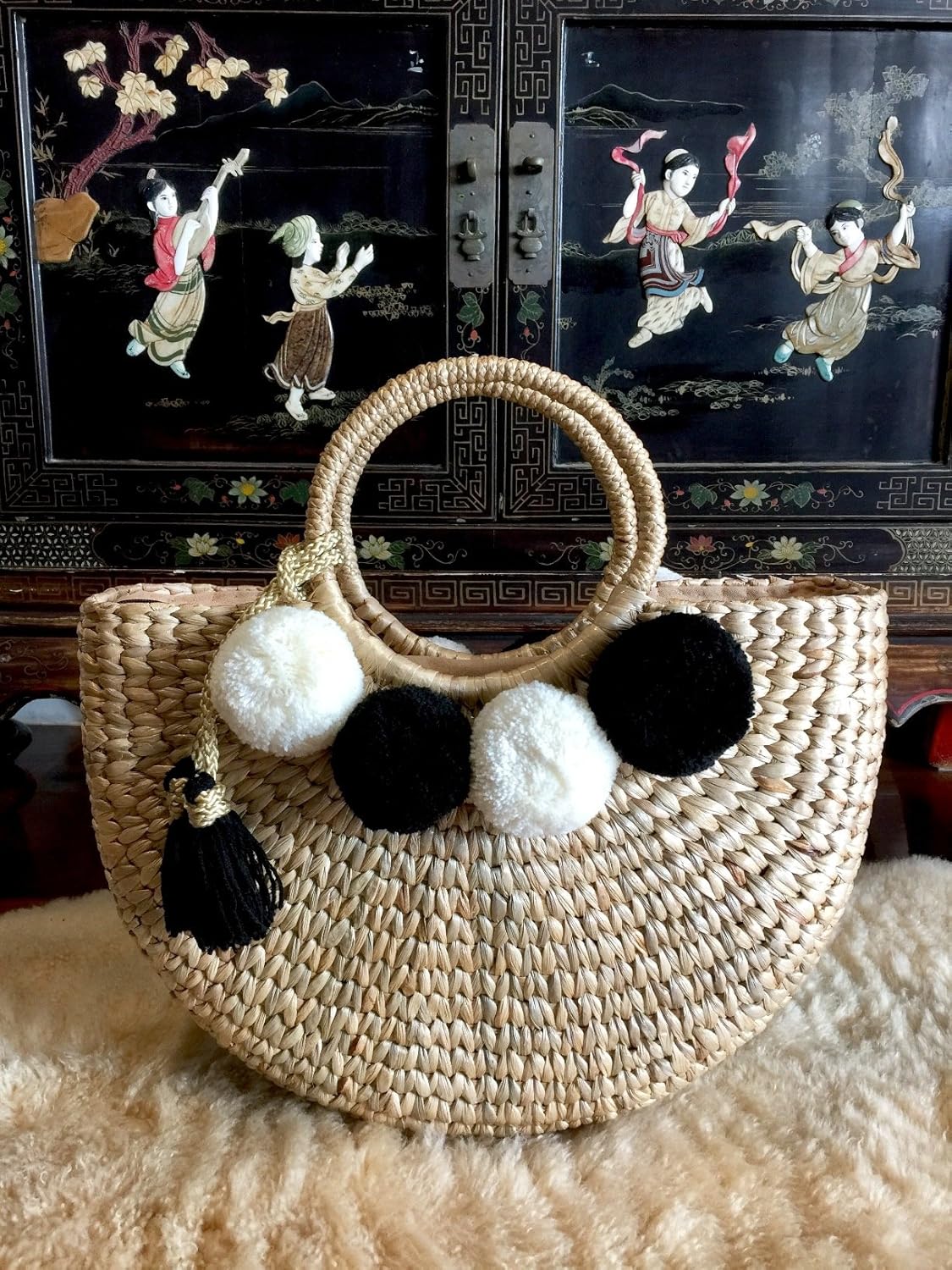 Pom Pom Straw Bag, Pom Pom Straw Bags for Women, Straw Basket Bag,Straw Basket Tote Bag,Beach Basket Bag,Pom Pom Straw Beach Bag,Basket Bag,Straw Bag,Straw Tote Beach Bag,Summer Straw Bag,Straw Tote - Image 7