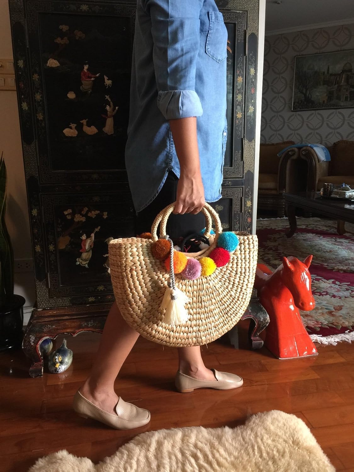 Pom Pom Straw Bag, Pom Pom Straw Bags for Women, Straw Basket Bag,Straw Basket Tote Bag,Beach Basket Bag,Pom Pom Straw Beach Bag,Basket Bag,Straw Bag,Straw Tote Beach Bag,Summer Straw Bag,Straw Tote - Image 5