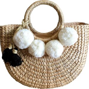 Pom Pom Straw Bag, Pom Pom Straw Bags for Women, Straw Basket Bag,Straw Basket Tote Bag,Beach Basket Bag,Pom Pom Straw Beach Bag,Basket Bag,Straw Bag,Straw Tote Beach Bag,Summer Straw Bag,Straw Tote