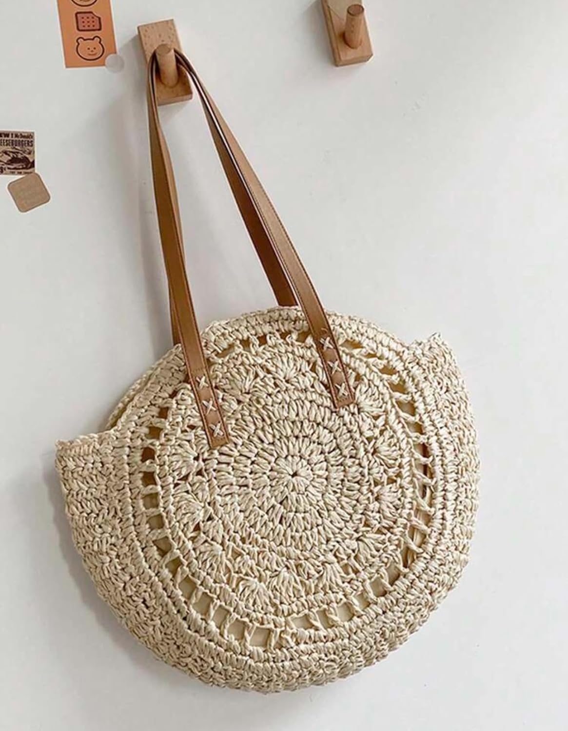 Product image Round Straw Beach Tote Bag, Crochet Summer Handbag with Leather Handles, 16.9 x 16.5 inches - Image 4